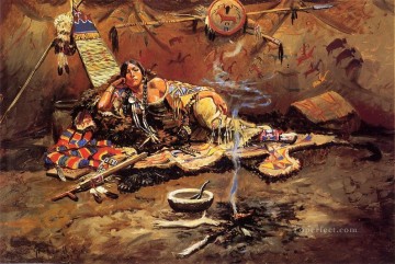  Arles Oil Painting - Waiting and Mad Indians western American Charles Marion Russell